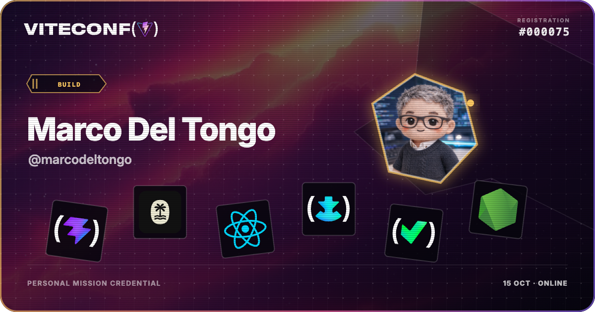 Marco Del Tongo's ViteConf 2026 mission credential