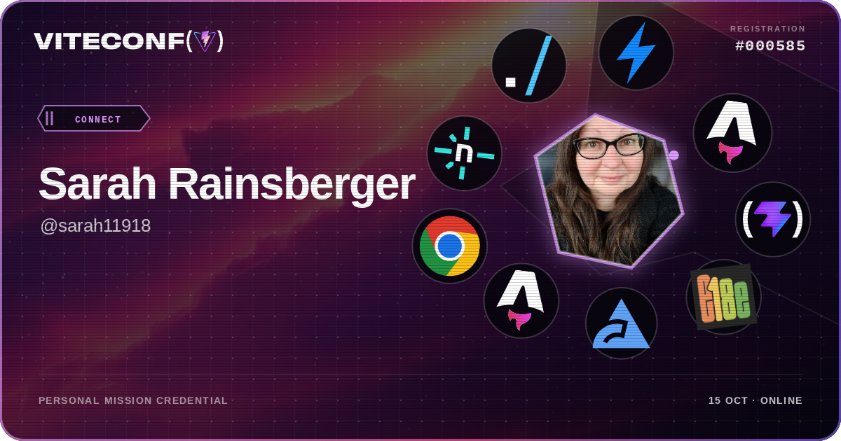 Sarah Rainsberger's ViteConf 2026 mission credential
